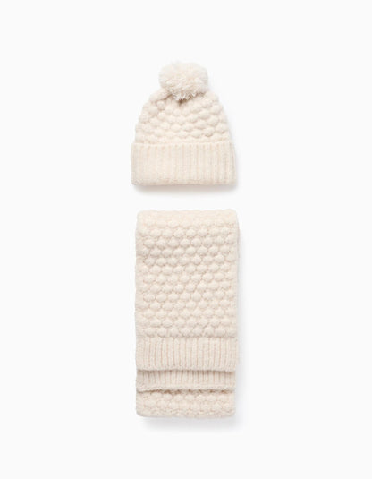 Textured Beanie + Scarf for Babies and Girls, Beige