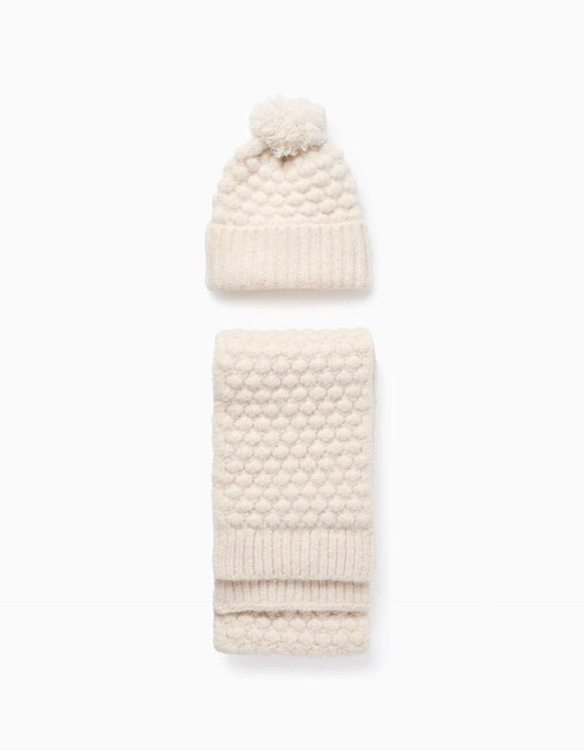 Textured Beanie + Scarf for Babies and Girls, Beige