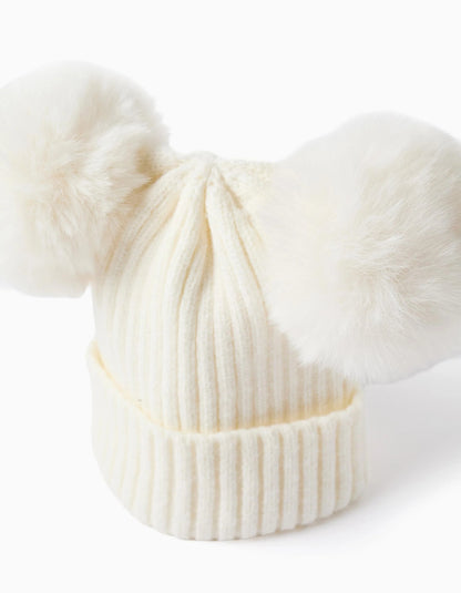 Ribbed Knit Beanie with Maxi Pompoms for Girls, White
