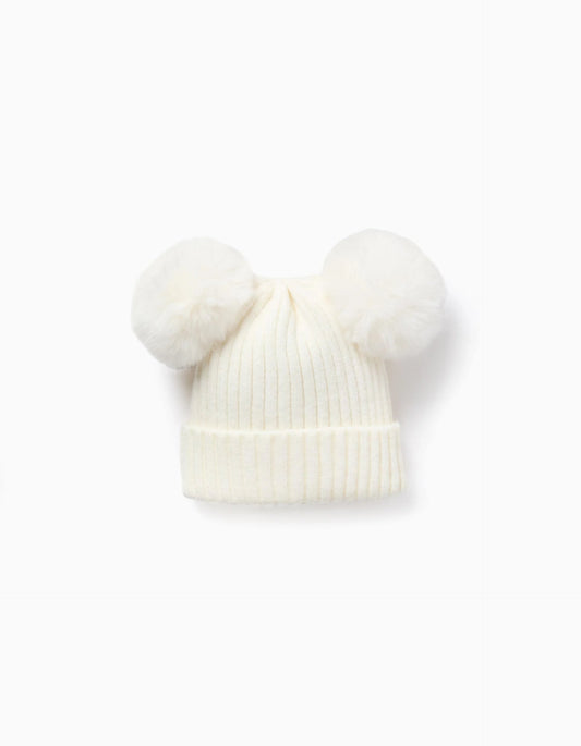Ribbed Knit Beanie with Maxi Pompoms for Girls, White