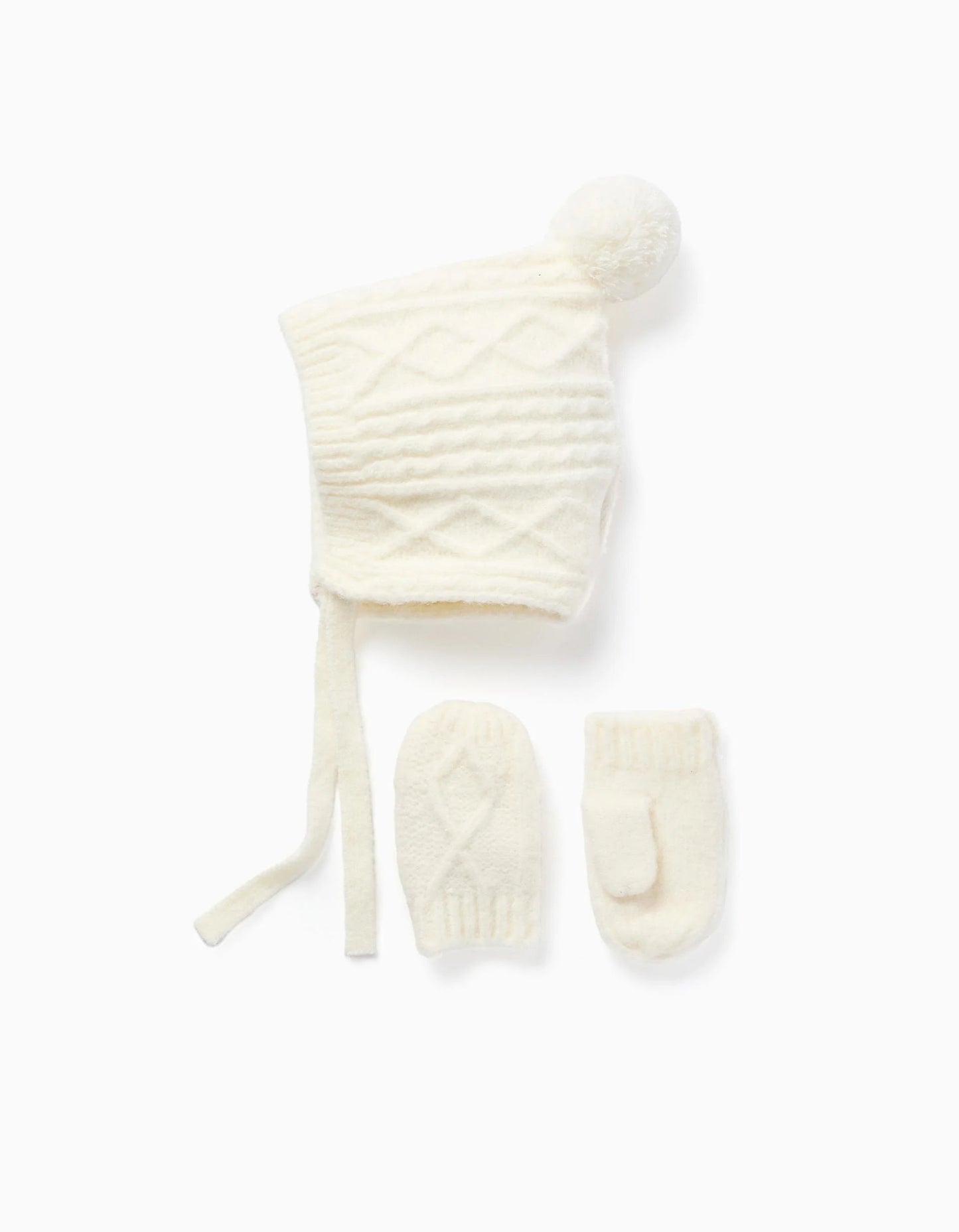 Set of Cable Knit Beanie and Gloves for Baby Girls, White
