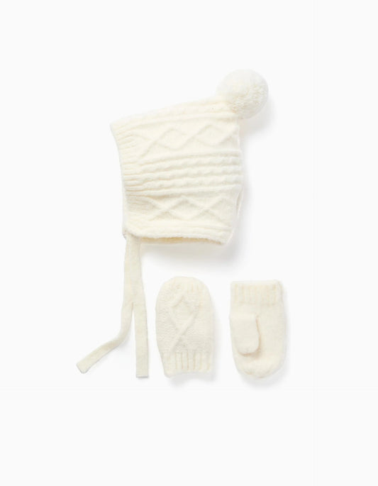 Set of Cable Knit Beanie and Gloves for Baby Girls, White