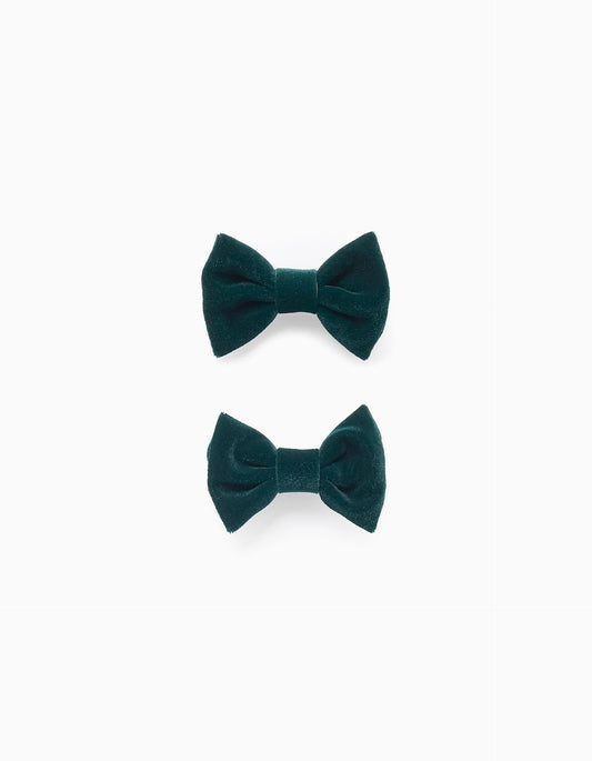 Pack of 2 Velvet Hair Clips for Babies and Girls, Dark Green