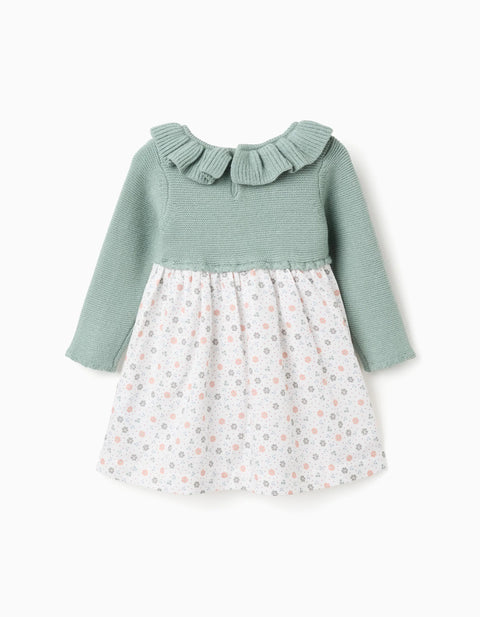 Dual-Fabric Dress with Floral Pattern for Baby Girls, Green/White