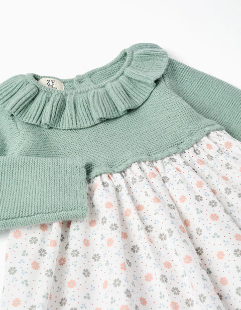 Dual-Fabric Dress with Floral Pattern for Baby Girls, Green/White