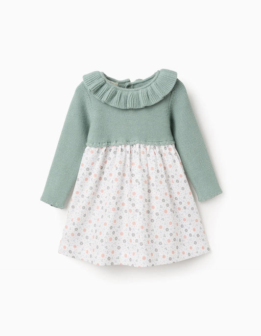 Dual-Fabric Dress with Floral Pattern for Baby Girls, Green/White