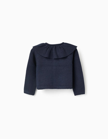Knit Cardigan with Ruffled Maxi Collar for Baby Girls, Dark Blue