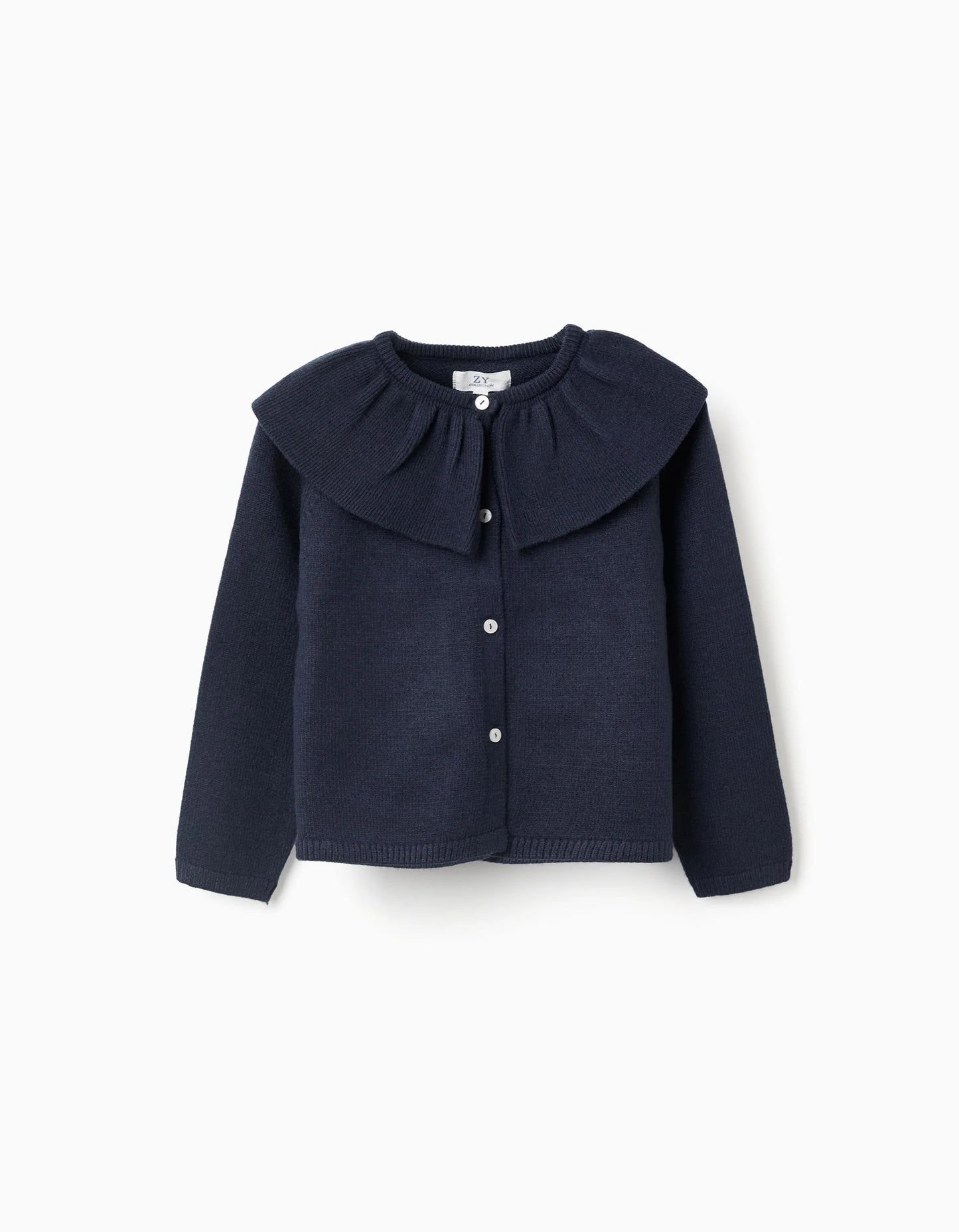 Knit Cardigan with Ruffled Maxi Collar for Girls, Dark Blue