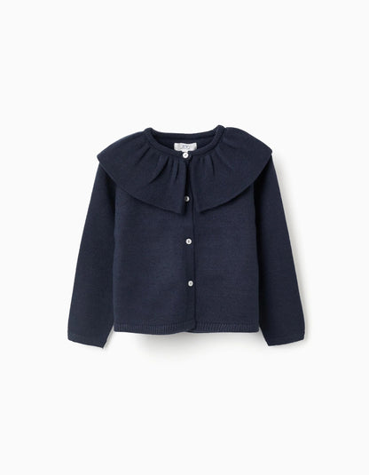 Knit Cardigan with Ruffled Maxi Collar for Girls, Dark Blue