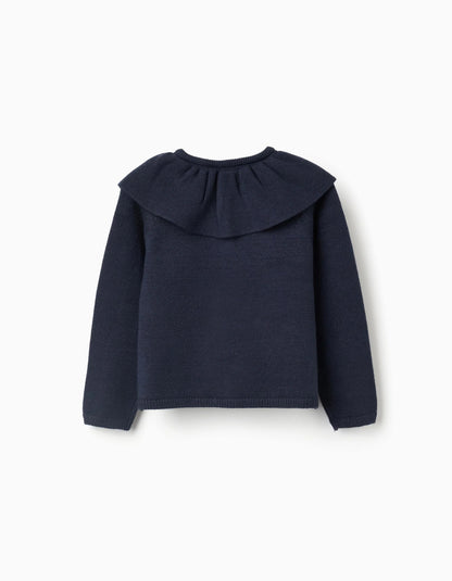 Knit Cardigan with Ruffled Maxi Collar for Girls, Dark Blue