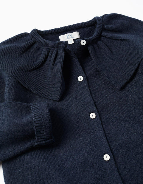 Knit Cardigan with Ruffled Maxi Collar for Girls, Dark Blue