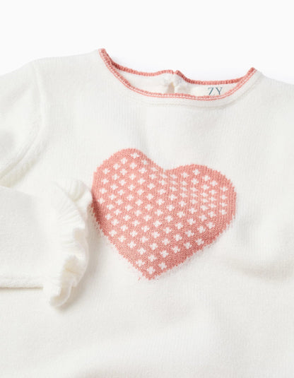 Heart Jacquard Jumper with Ruffles for Baby Girls, White