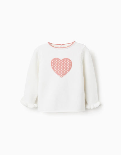 Heart Jacquard Jumper with Ruffles for Baby Girls, White