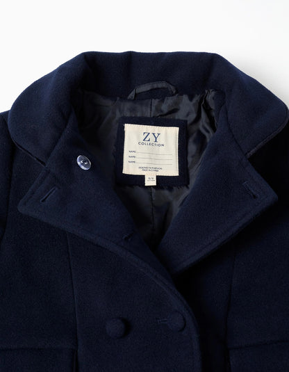 Wool Effect Coat with Front Pockets for Girls, Dark Blue