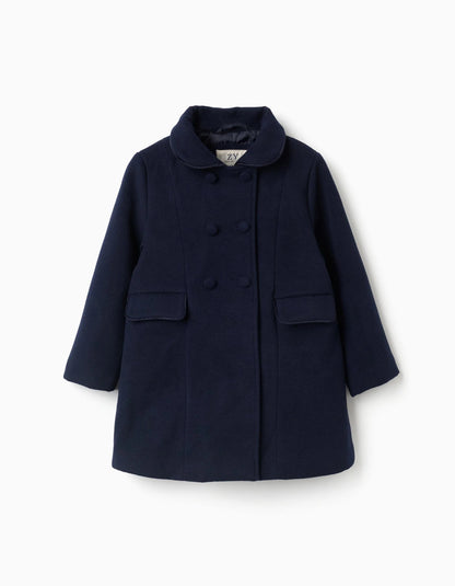 Wool Effect Coat with Front Pockets for Girls, Dark Blue