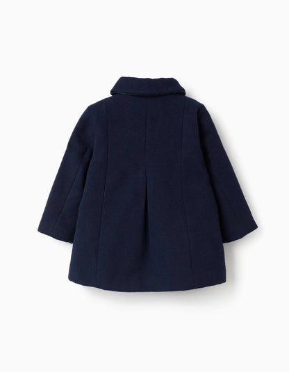 Wool Effect Coat with Front Pockets for Baby Girls, Dark Blue