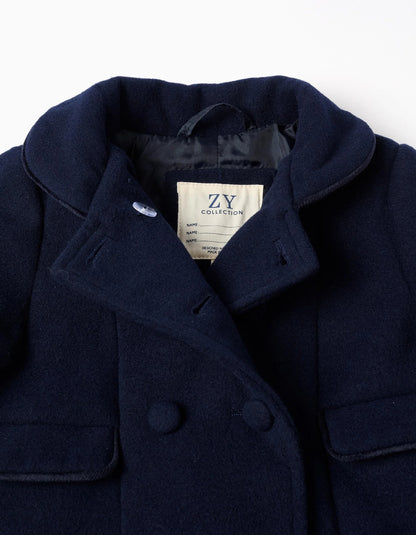 Wool Effect Coat with Front Pockets for Baby Girls, Dark Blue