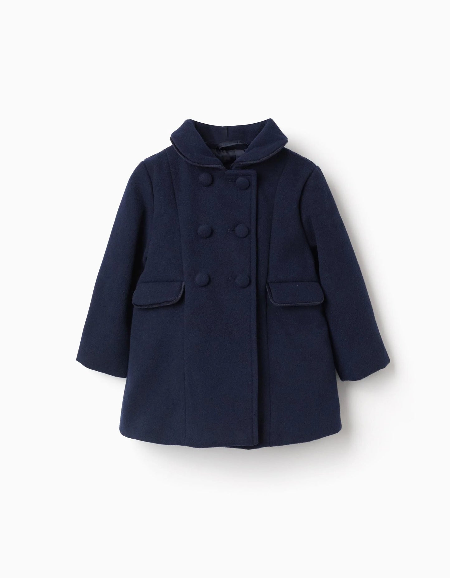 Wool Effect Coat with Front Pockets for Baby Girls, Dark Blue