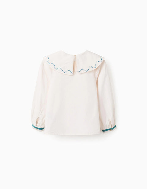 Poplin Blouse with Embroidered Details for Girls, White/Turquoise Blue