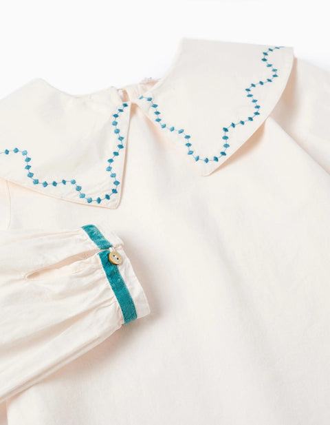 Poplin Blouse with Embroidered Details for Girls, White/Turquoise Blue