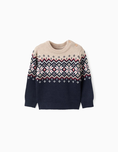 Christmas Jacquard Knitted Jumper for Baby Boys, Blue/Beige