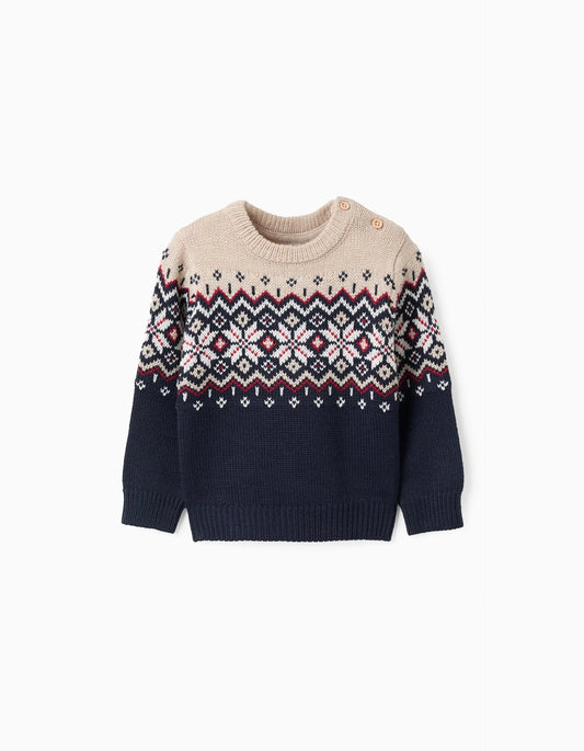 Christmas Jacquard Knitted Jumper for Baby Boys, Blue/Beige