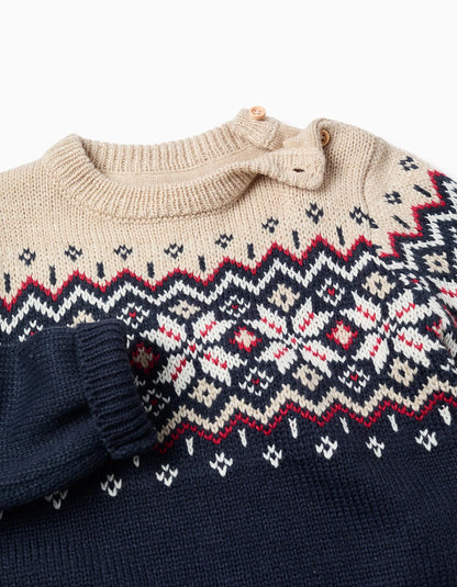 Christmas Jacquard Knitted Jumper for Baby Boys, Blue/Beige