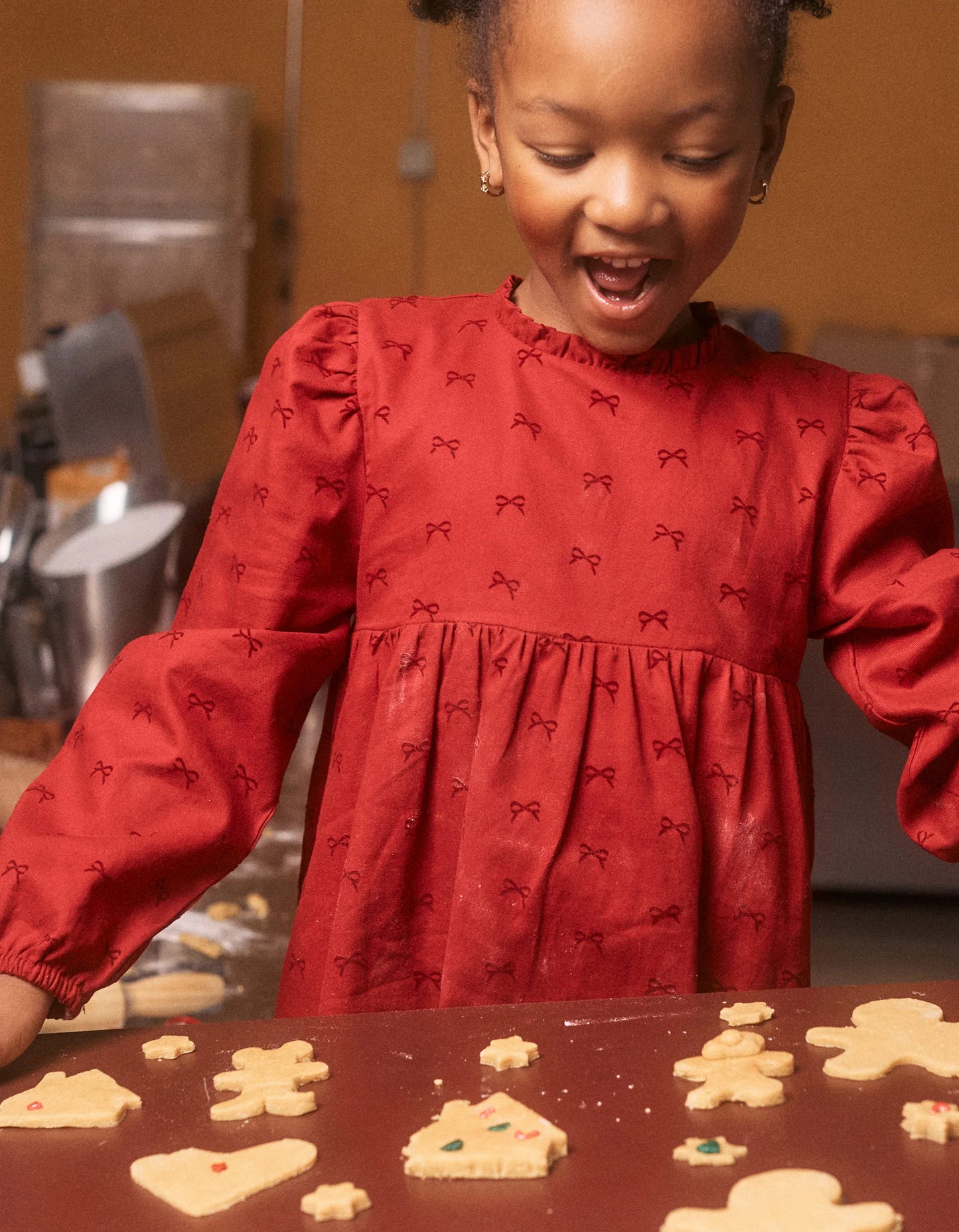 Long Sleeve Twill Dress with Velvet Bow Motif for Girls, Red