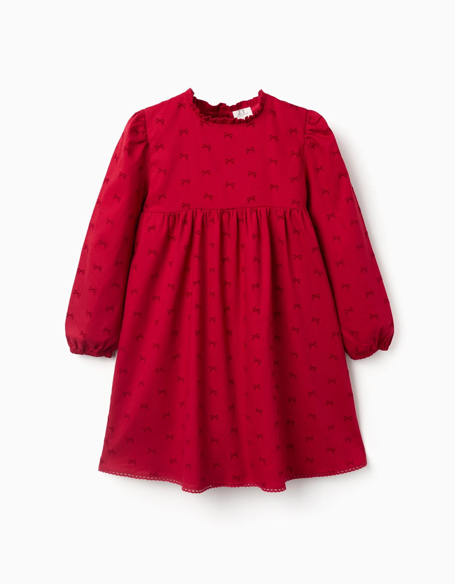 Long Sleeve Twill Dress with Velvet Bow Motif for Girls, Red