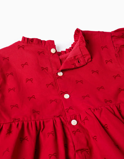 Long Sleeve Twill Dress with Velvet Bow Motif for Girls, Red