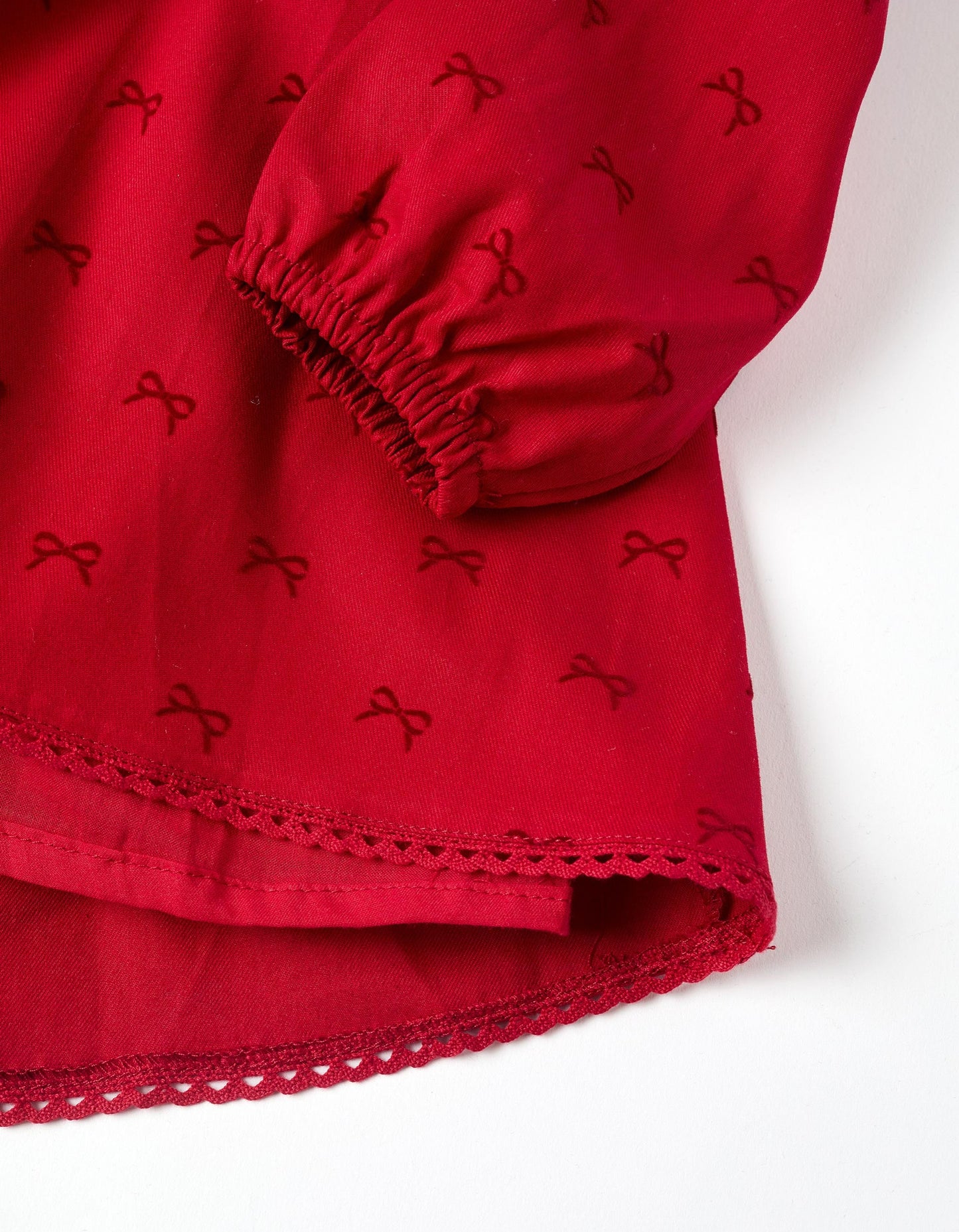 Long Sleeve Twill Dress with Velvet Bow Motif for Girls, Red