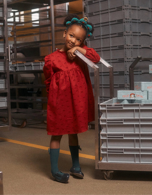 Long Sleeve Twill Dress with Velvet Bow Motif for Girls, Red