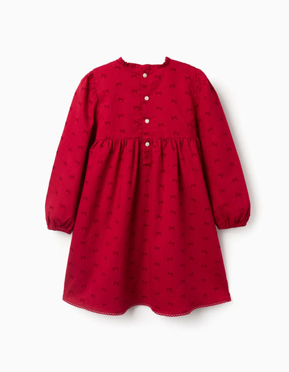 Long Sleeve Twill Dress with Velvet Bow Motif for Girls, Red