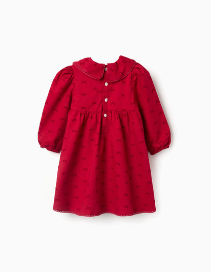 Long Sleeve Twill Dress with Velvet Bow Motif for Baby Girls, Red