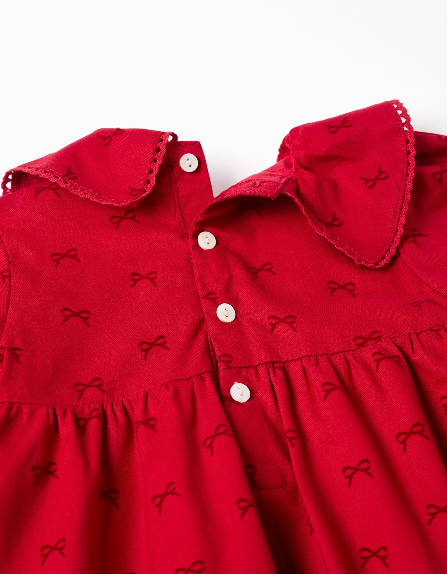 Long Sleeve Twill Dress with Velvet Bow Motif for Baby Girls, Red