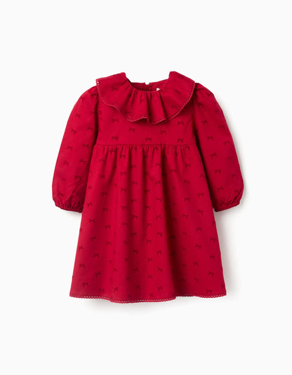Long Sleeve Twill Dress with Velvet Bow Motif for Baby Girls, Red