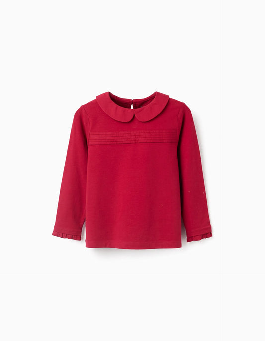 Long Sleeve T-shirt with Pleats and Ruffles for Girls, Red