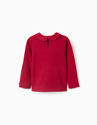 Long Sleeve T-shirt with Pleats and Ruffles for Girls, Red