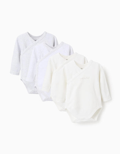 Pack of 4 Wrapover Bodysuits for Newborns and Babies, White/Grey