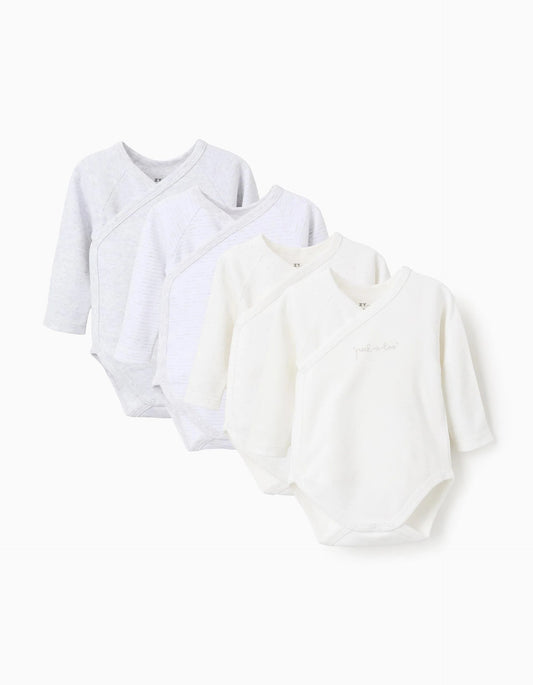 Pack of 4 Wrapover Bodysuits for Newborns and Babies, White/Grey