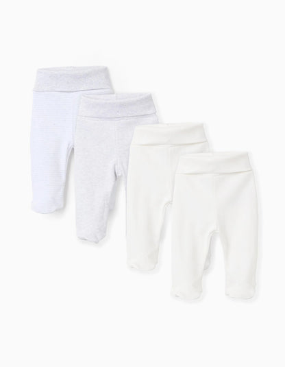 Pack of 4 Extra Comfy Footed Trousers for Babies, White/Grey