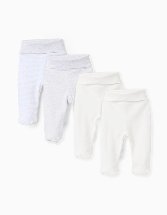 Pack of 4 Extra Comfy Footed Trousers for Babies, White/Grey