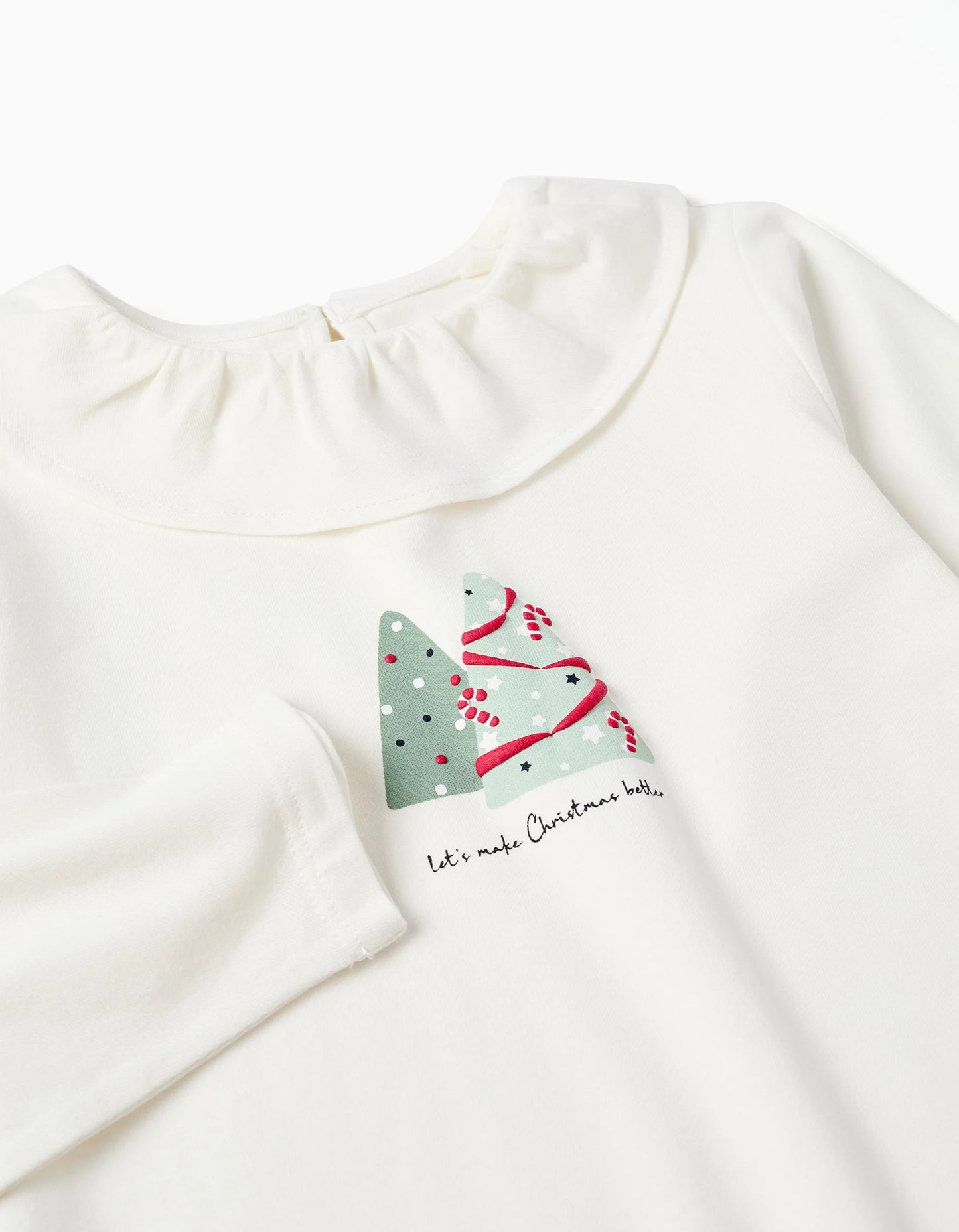 Long Sleeve T-shirt with Ruffle Collar and Print for Girls, White
