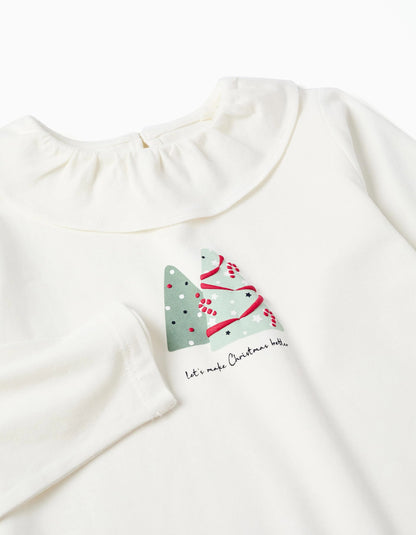 Long Sleeve T-shirt with Ruffle Collar and Print for Girls, White
