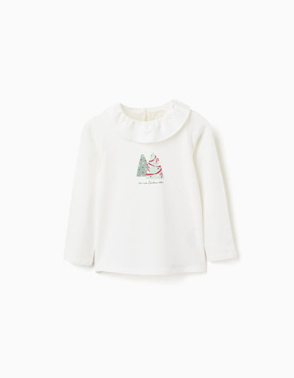 Long Sleeve T-shirt with Ruffle Collar and Print for Girls, White