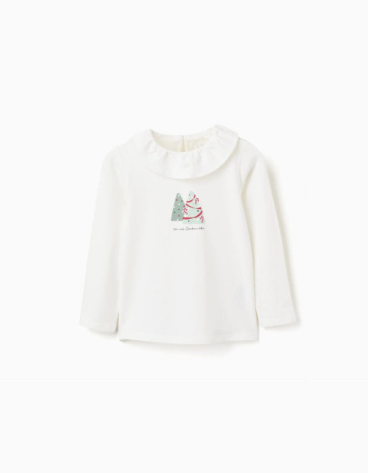 Long Sleeve T-shirt with Ruffle Collar and Print for Girls, White