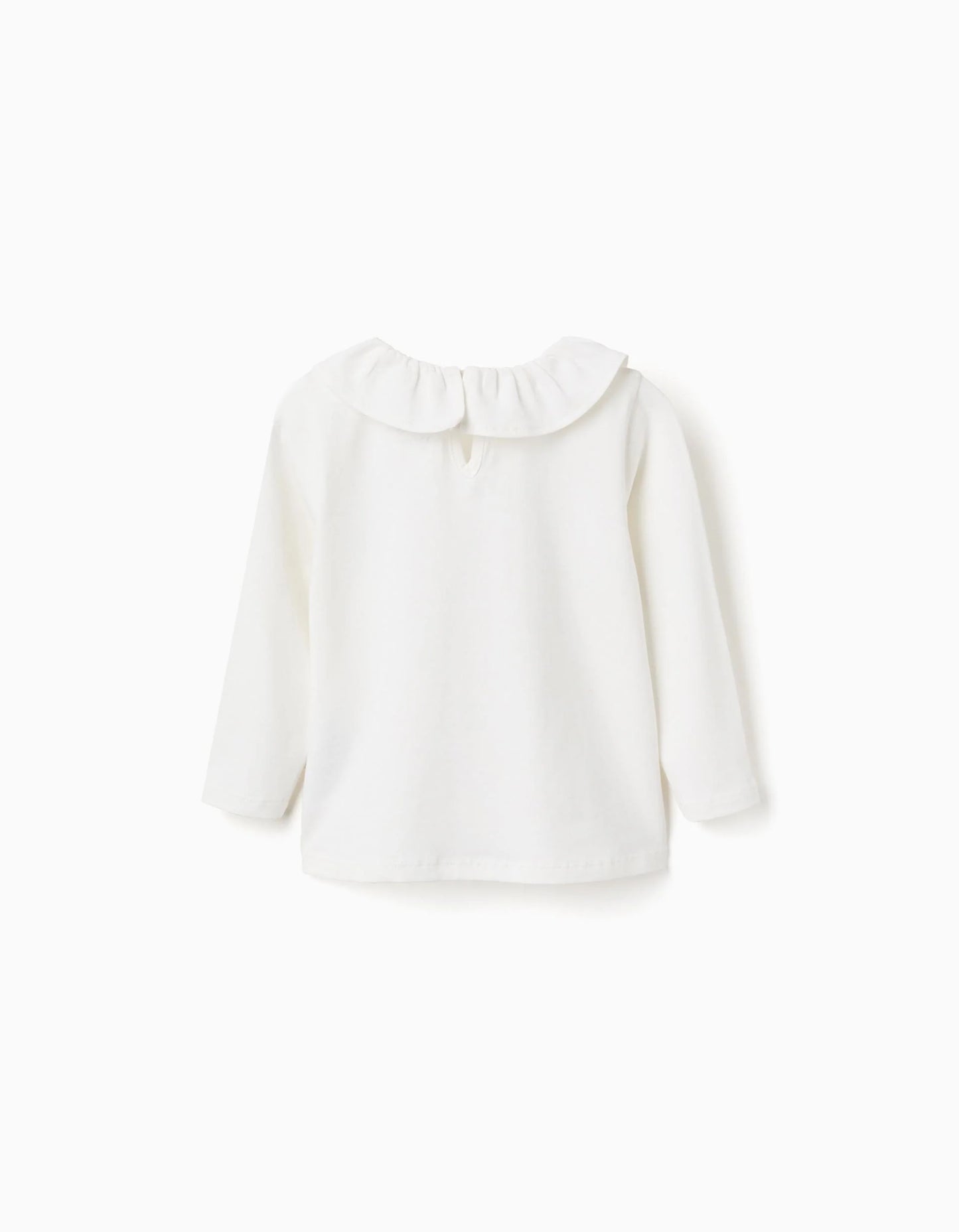 Long Sleeve T-shirt with Ruffle Collar and Print for Baby Girls, White
