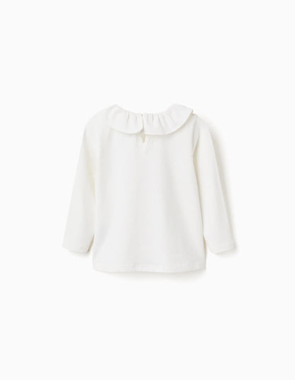 Long Sleeve T-shirt with Ruffle Collar and Print for Baby Girls, White