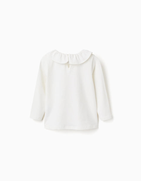 Long Sleeve T-shirt with Ruffle Collar and Print for Baby Girls, White