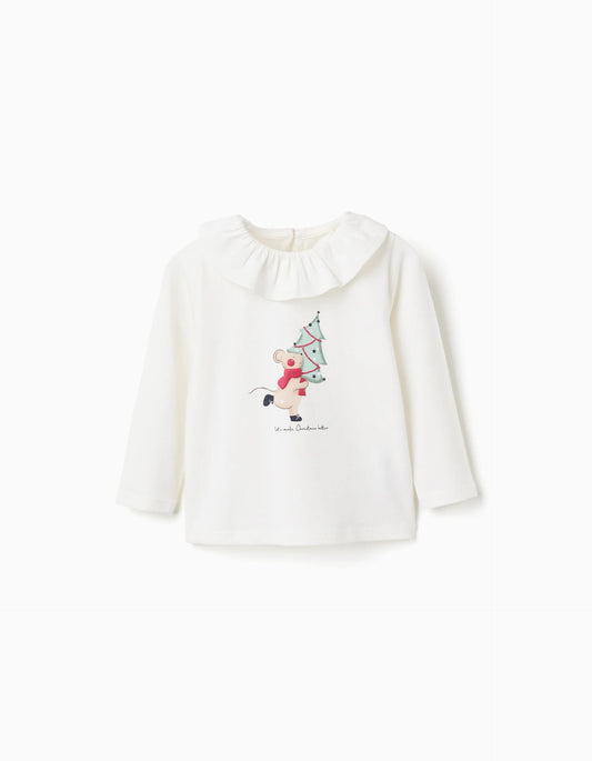 Long Sleeve T-shirt with Ruffle Collar and Print for Baby Girls, White